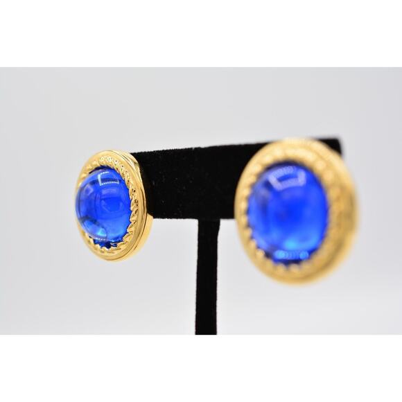 Givenchy Vintage Blue Cabochon Earrings Royal Round Gold Chunky Signed 80s Bin4 - Picture 3 of 12